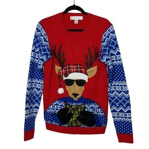 Jolly Sweaters Red and Blue Sweater Reindeer Camo and Plaid - Size S